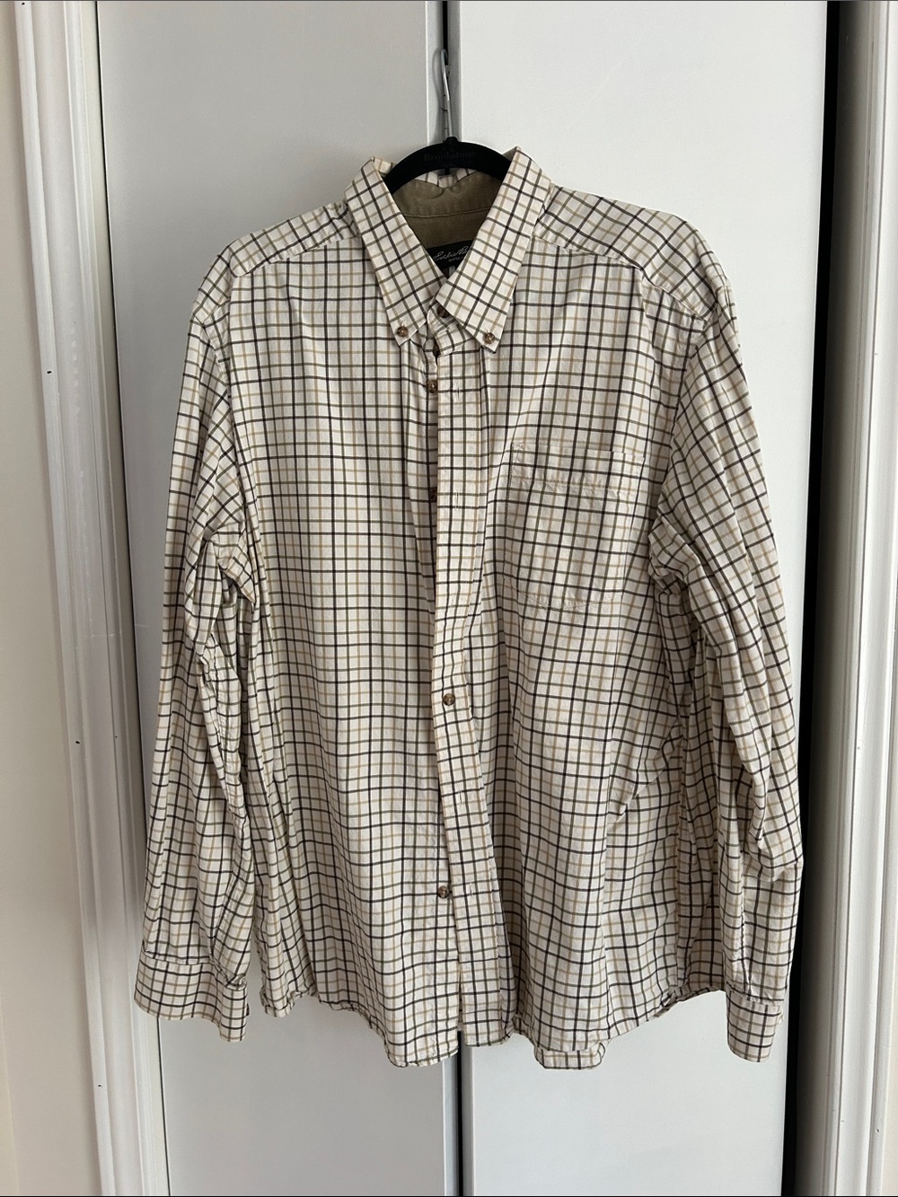 Eddie Bauer Cream and Brown Plaid Button-Down Shirt